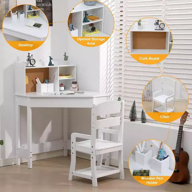 Set Scrivania e Sedia per Bambini, Tavolo Studio ad Angolo in Legno con Libreria, Bacheca e Portapenne, Bianco