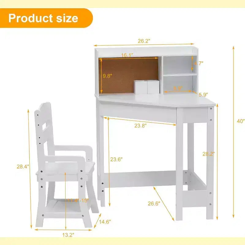 Set Scrivania e Sedia per Bambini, Tavolo Studio ad Angolo in Legno con Libreria, Bacheca e Portapenne, Bianco