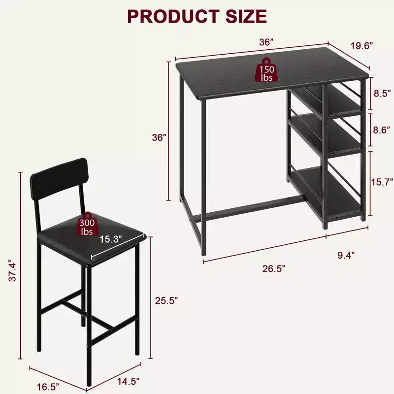 Set da Cucina Tavolo da Pranzo e Sedie per 2 con Scaffale e Sedie Imbottite, Set Tavolo da Bar per Piccoli Spazi Appartamento