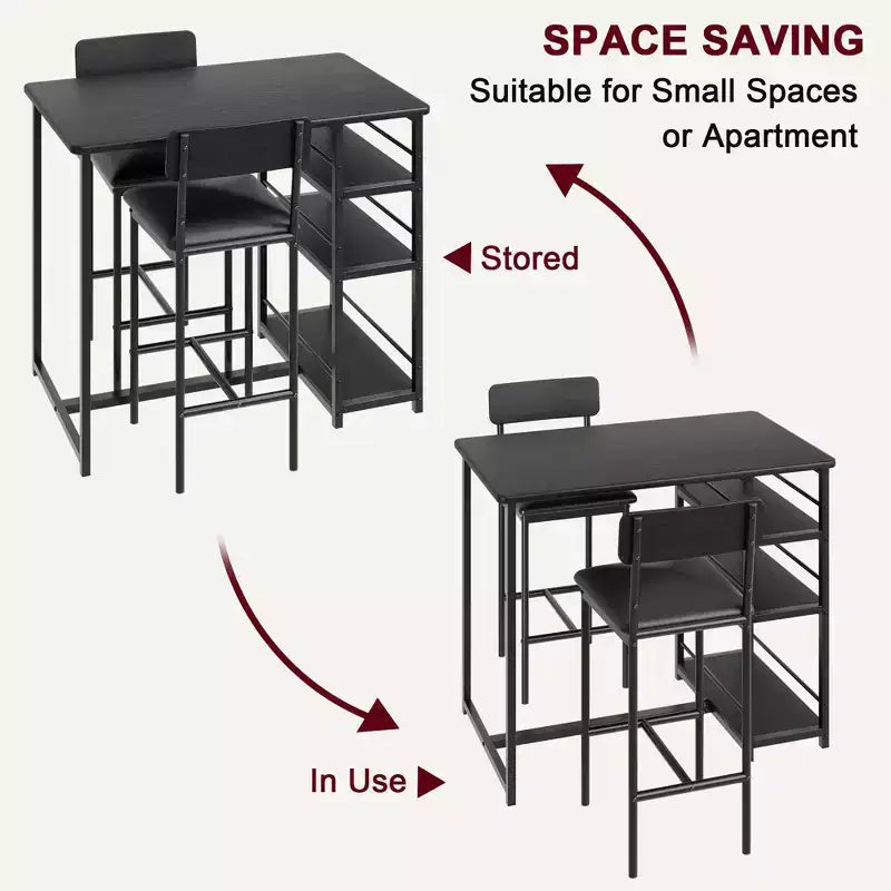 Set da Cucina Tavolo da Pranzo e Sedie per 2 con Scaffale e Sedie Imbottite, Set Tavolo da Bar per Piccoli Spazi Appartamento