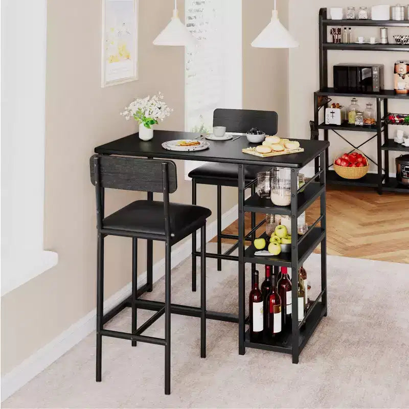 Set da Cucina Tavolo da Pranzo e Sedie per 2 con Scaffale e Sedie Imbottite, Set Tavolo da Bar per Piccoli Spazi Appartamento