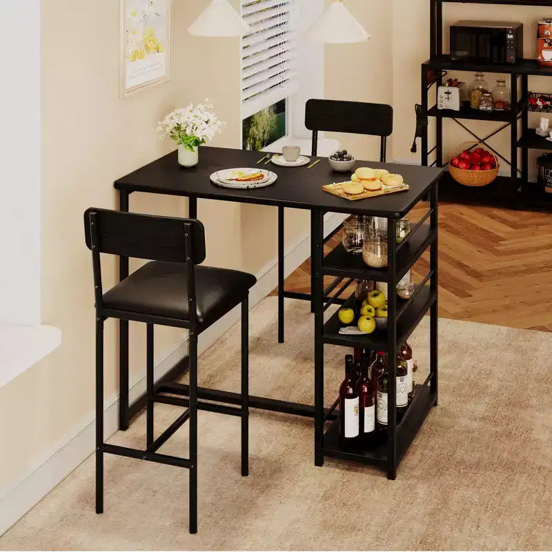 Set da Cucina Tavolo da Pranzo e Sedie per 2 con Scaffale e Sedie Imbottite, Set Tavolo da Bar per Piccoli Spazi Appartamento