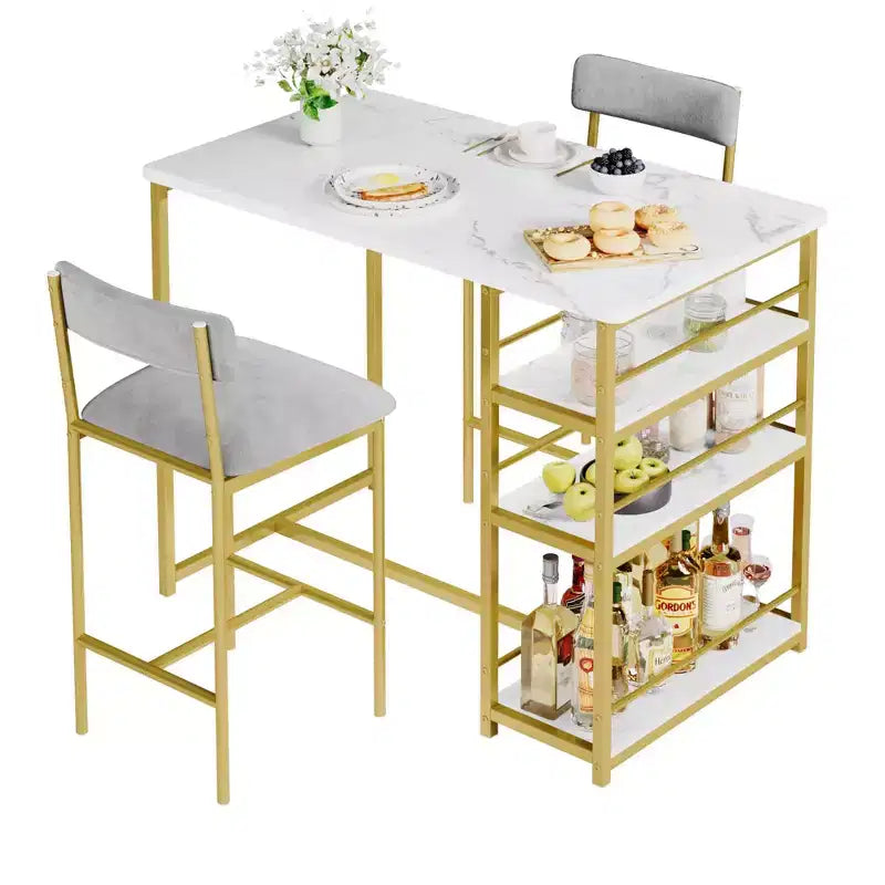 Set da Cucina Tavolo da Pranzo e Sedie per 2 con Scaffale e Sedie Imbottite, Set Tavolo da Bar per Piccoli Spazi Appartamento