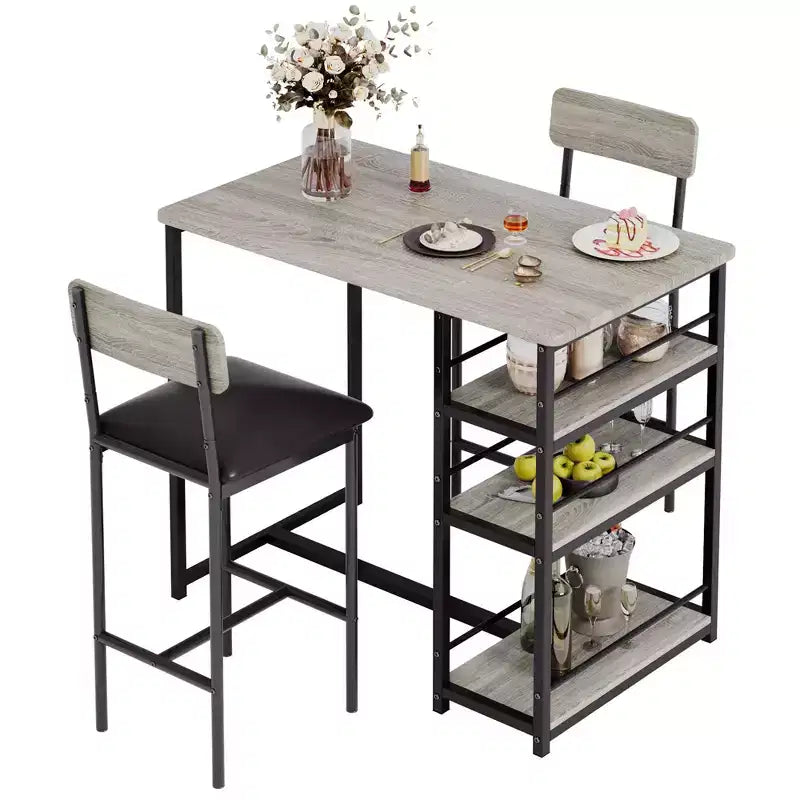 Set da Cucina Tavolo da Pranzo e Sedie per 2 con Scaffale e Sedie Imbottite, Set Tavolo da Bar per Piccoli Spazi Appartamento