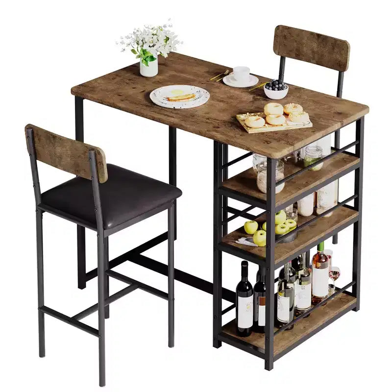 Set da Cucina Tavolo da Pranzo e Sedie per 2 con Scaffale e Sedie Imbottite, Set Tavolo da Bar per Piccoli Spazi Appartamento