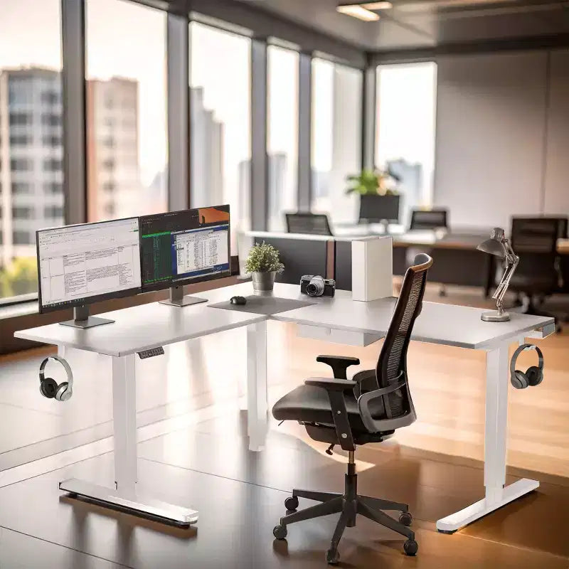 Scrivania ad angolo con altezza regolabile elettricamente XL, telaio bianco e piano bianco