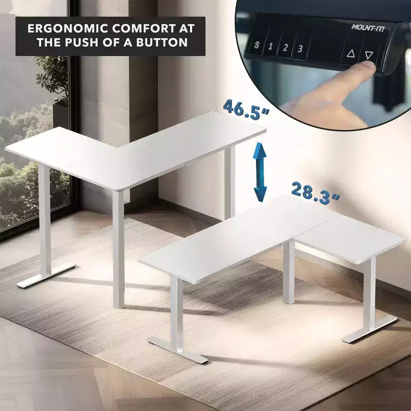 Scrivania ad angolo con altezza regolabile elettricamente XL, telaio bianco e piano bianco