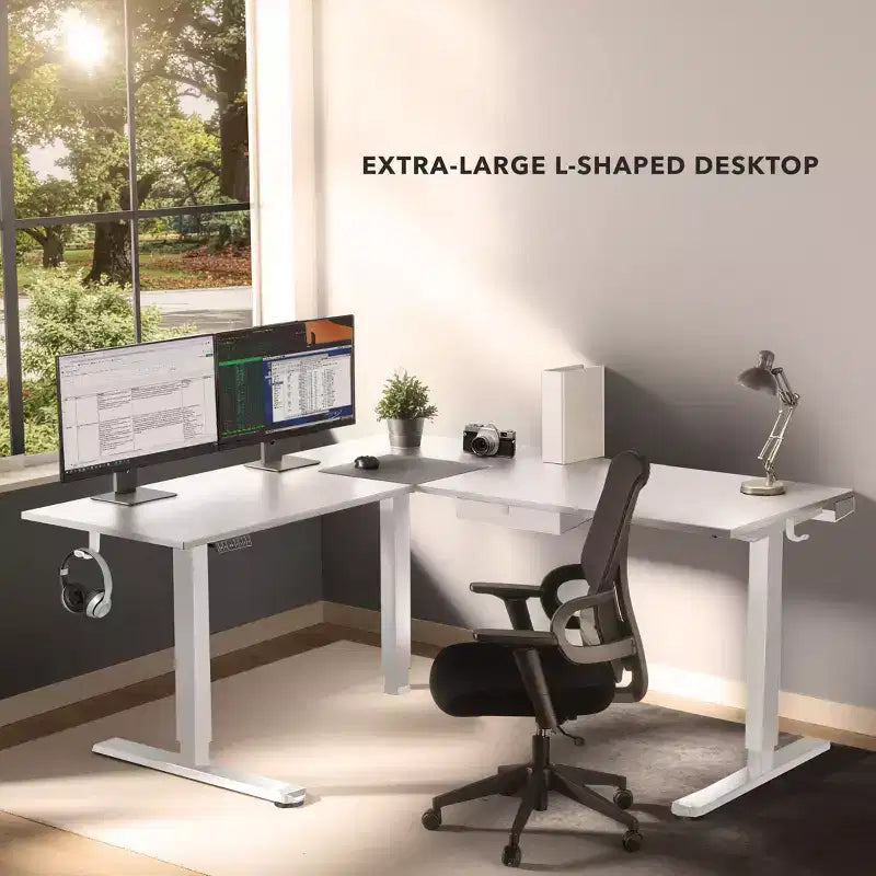 Scrivania ad angolo con altezza regolabile elettricamente XL, telaio bianco e piano bianco