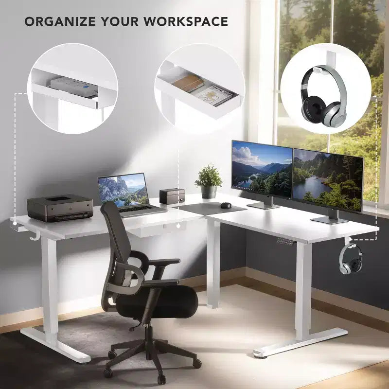 Scrivania ad angolo con altezza regolabile elettricamente XL, telaio bianco e piano bianco