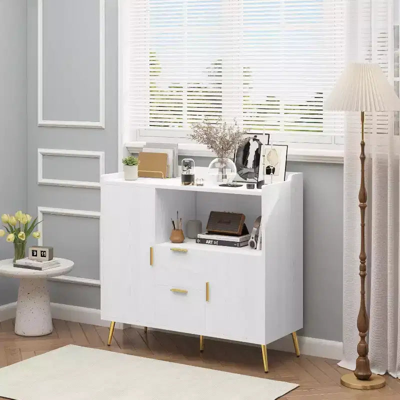 Credenza moderna bianca con 2 cassetti e 2 ante per cucina e soggiorno