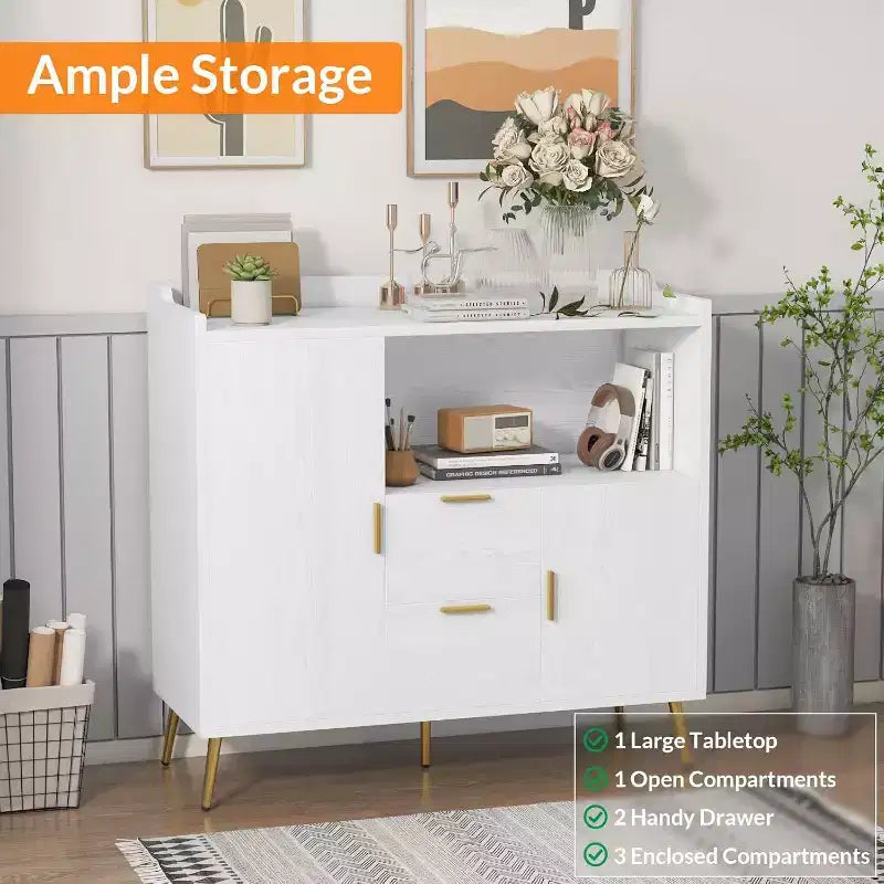 Credenza moderna bianca con 2 cassetti e 2 ante per cucina e soggiorno
