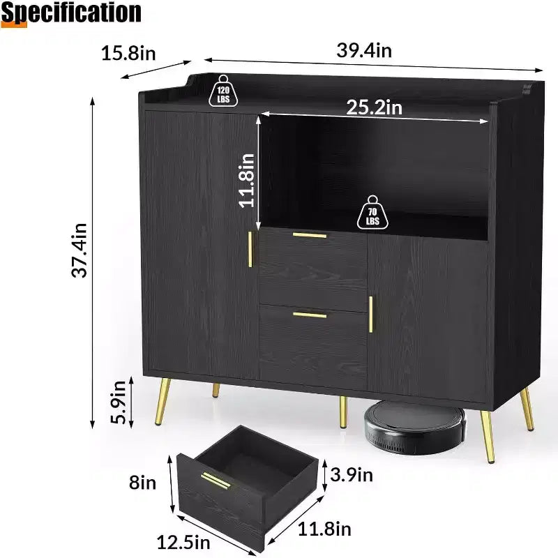 Credenza moderna bianca con 2 cassetti e 2 ante per cucina e soggiorno
