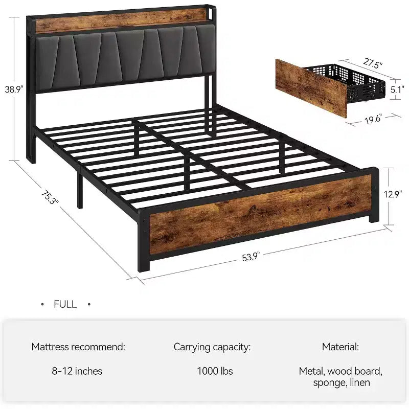King Bed Frame with 4 Storage Drawers, Platform Bed with Charged Headboard, Sturdy & Stable, No Noise, No Box Spring Needed, Easy to Install