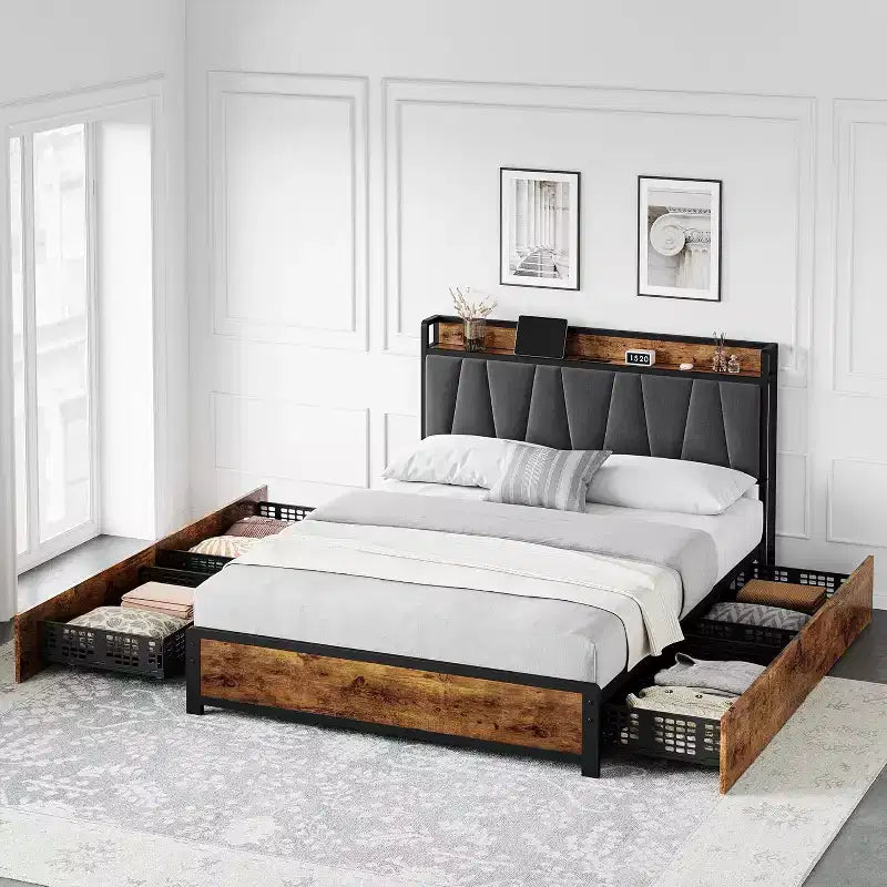 King Bed Frame with 4 Storage Drawers, Platform Bed with Charged Headboard, Sturdy & Stable, No Noise, No Box Spring Needed, Easy to Install