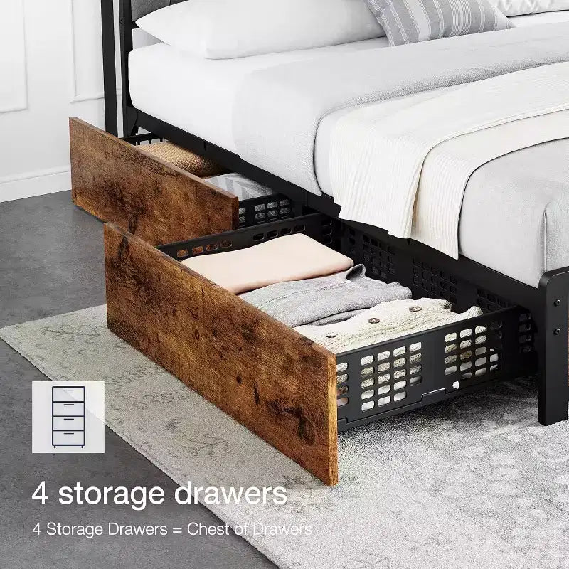 King Bed Frame with 4 Storage Drawers, Platform Bed with Charged Headboard, Sturdy & Stable, No Noise, No Box Spring Needed, Easy to Install