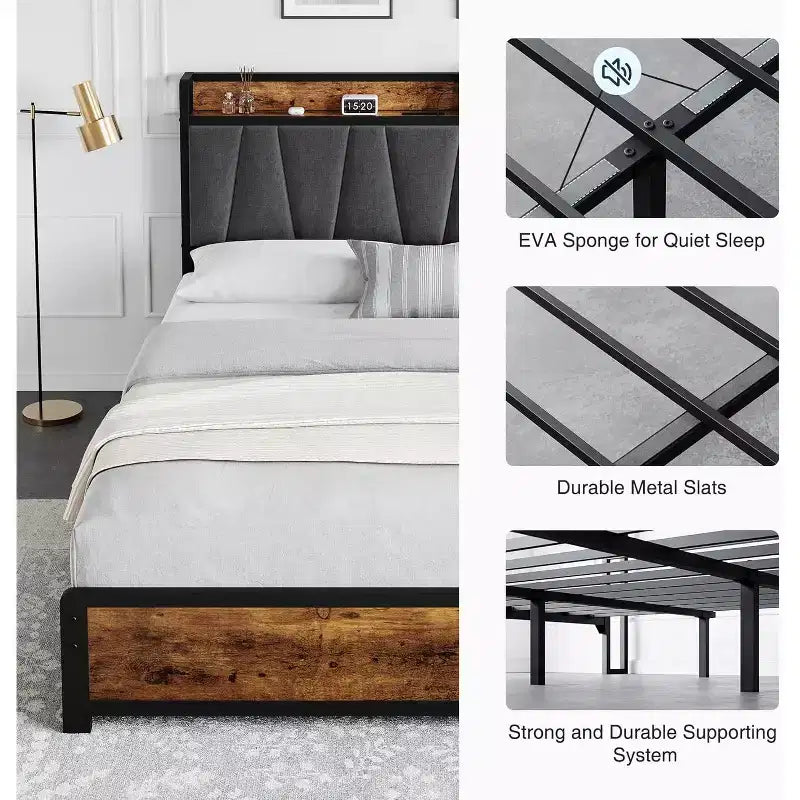 King Bed Frame with 4 Storage Drawers, Platform Bed with Charged Headboard, Sturdy & Stable, No Noise, No Box Spring Needed, Easy to Install