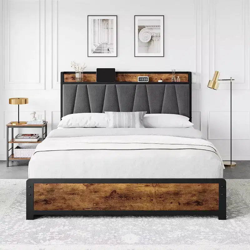 King Bed Frame with 4 Storage Drawers, Platform Bed with Charged Headboard, Sturdy & Stable, No Noise, No Box Spring Needed, Easy to Install