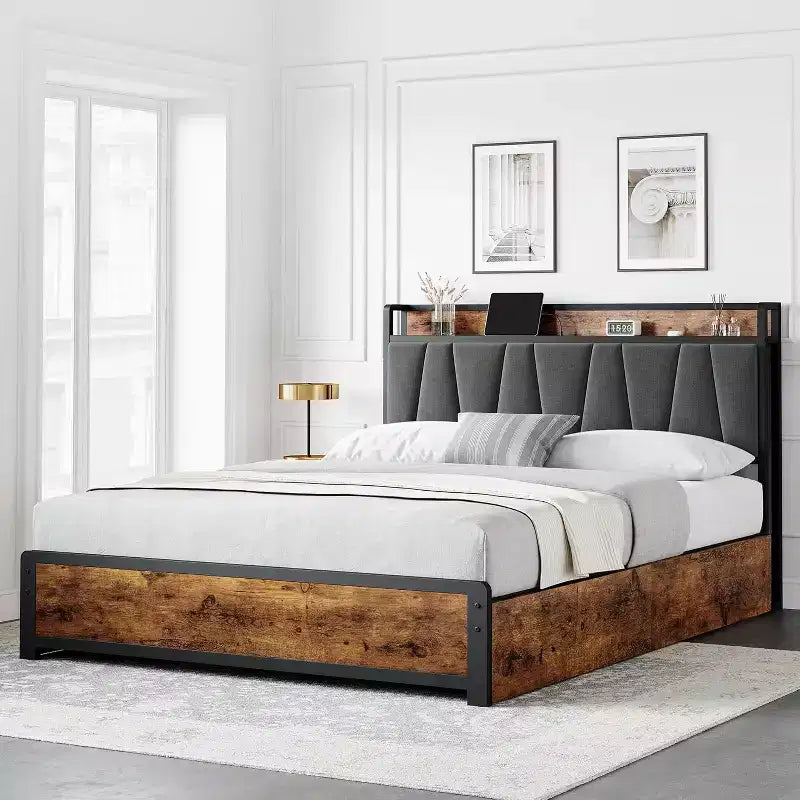 King Bed Frame with 4 Storage Drawers, Platform Bed with Charged Headboard, Sturdy & Stable, No Noise, No Box Spring Needed, Easy to Install