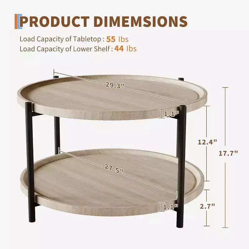 Round Coffee Table, 2 Tier Wooden Round Coffee Table, Rustic Wood Desktop, Circle Cocktail Tables with Storage Shelf for Living Room, Apartment