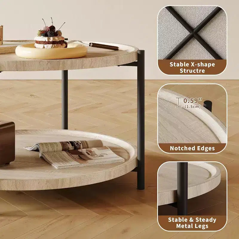 Round Coffee Table, 2 Tier Wooden Round Coffee Table, Rustic Wood Desktop, Circle Cocktail Tables with Storage Shelf for Living Room, Apartment