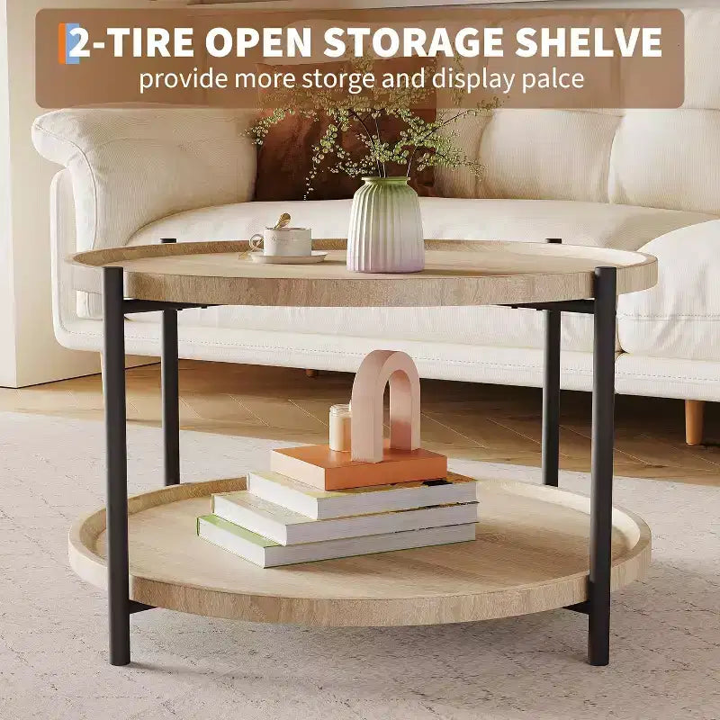 Round Coffee Table, 2 Tier Wooden Round Coffee Table, Rustic Wood Desktop, Circle Cocktail Tables with Storage Shelf for Living Room, Apartment