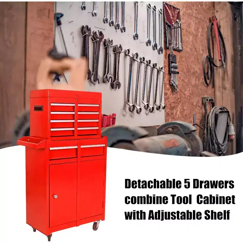 Cassetta portautensili a 5 cassetti su ruote, con ripiano regolabile e carrello organizer portatile staccabile per garage, magazzino, officina, rosso