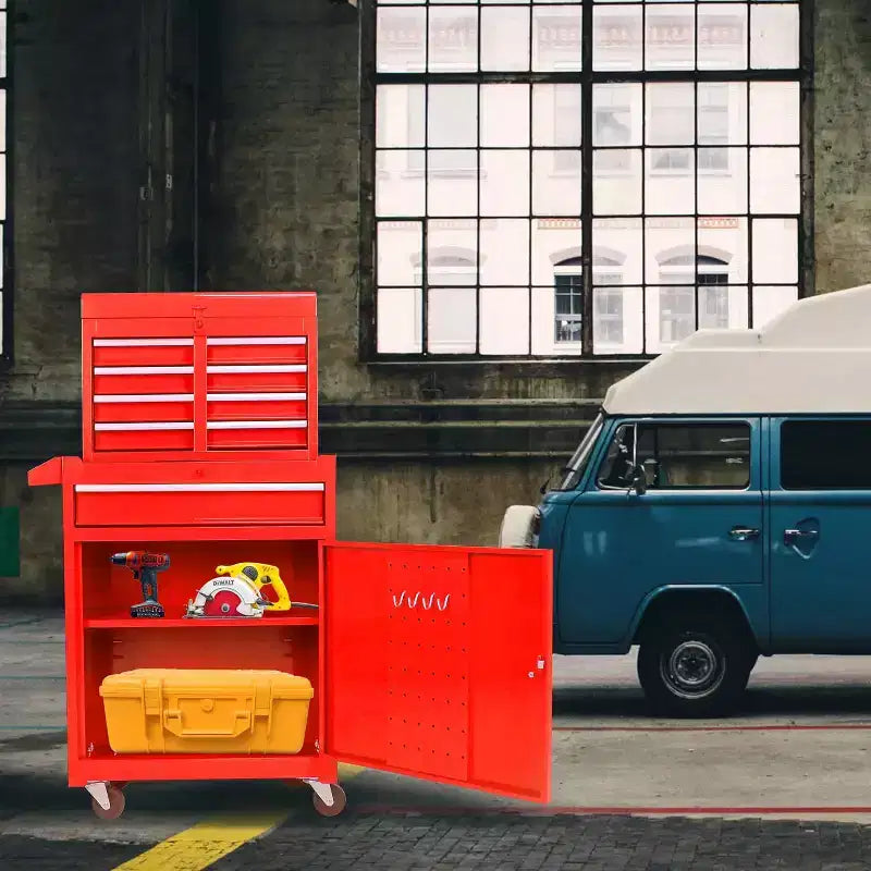 Cassetta portautensili a 5 cassetti su ruote, con ripiano regolabile e carrello organizer portatile staccabile per garage, magazzino, officina, rosso