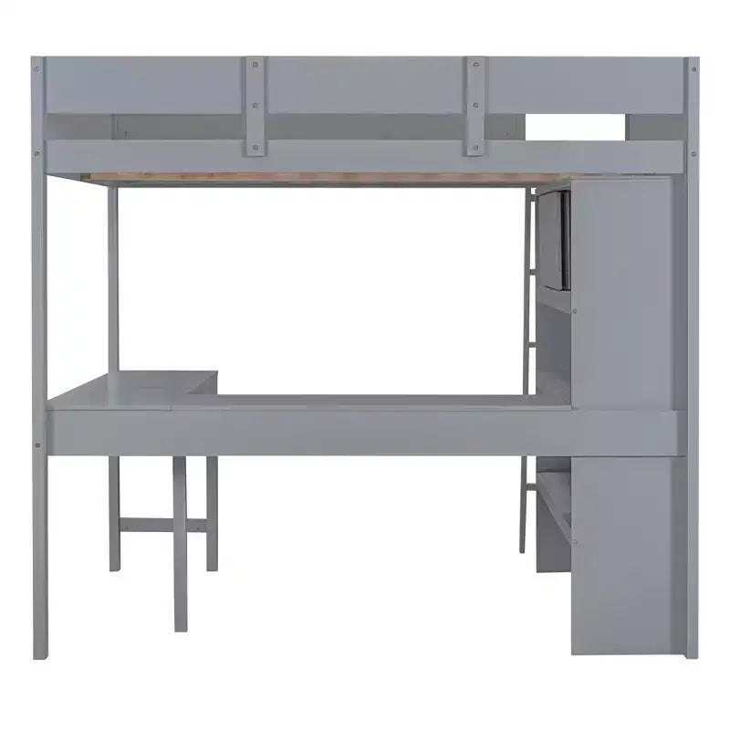 Letto a soppalco full-size con scrivania e mensole, Struttura letto a soppalco in legno con due cassetti integrati per camera da letto