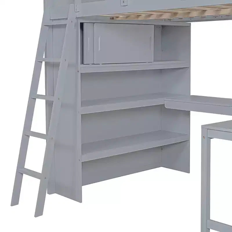 Letto a soppalco full-size con scrivania e mensole, Struttura letto a soppalco in legno con due cassetti integrati per camera da letto