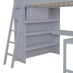 Letto a soppalco full-size con scrivania e mensole, Struttura letto a soppalco in legno con due cassetti integrati per camera da letto