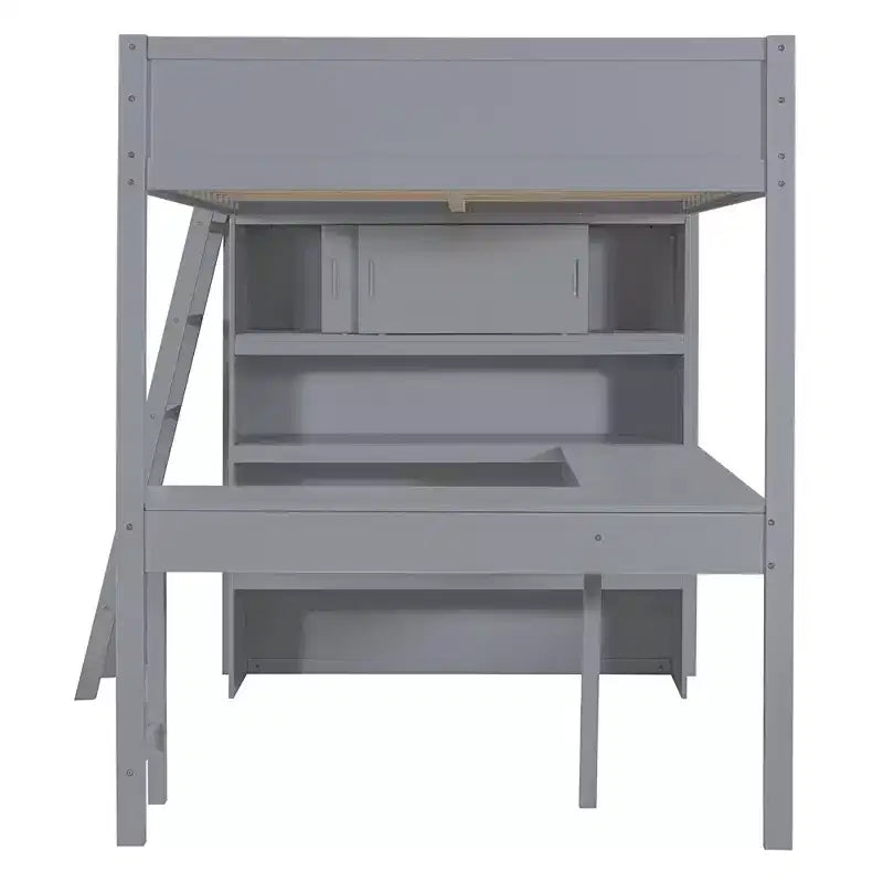 Letto a soppalco full-size con scrivania e mensole, Struttura letto a soppalco in legno con due cassetti integrati per camera da letto