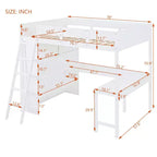 Letto a soppalco full-size con scrivania e mensole, Struttura letto a soppalco in legno con due cassetti integrati per camera da letto