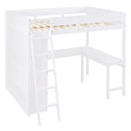 Letto a soppalco full-size con scrivania e mensole, Struttura letto a soppalco in legno con due cassetti integrati per camera da letto