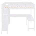 Letto a soppalco full-size con scrivania e mensole, Struttura letto a soppalco in legno con due cassetti integrati per camera da letto