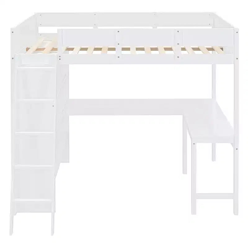 Letto a soppalco full-size con scrivania e mensole, Struttura letto a soppalco in legno con due cassetti integrati per camera da letto