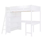 Letto a soppalco full-size con scrivania e mensole, Struttura letto a soppalco in legno con due cassetti integrati per camera da letto