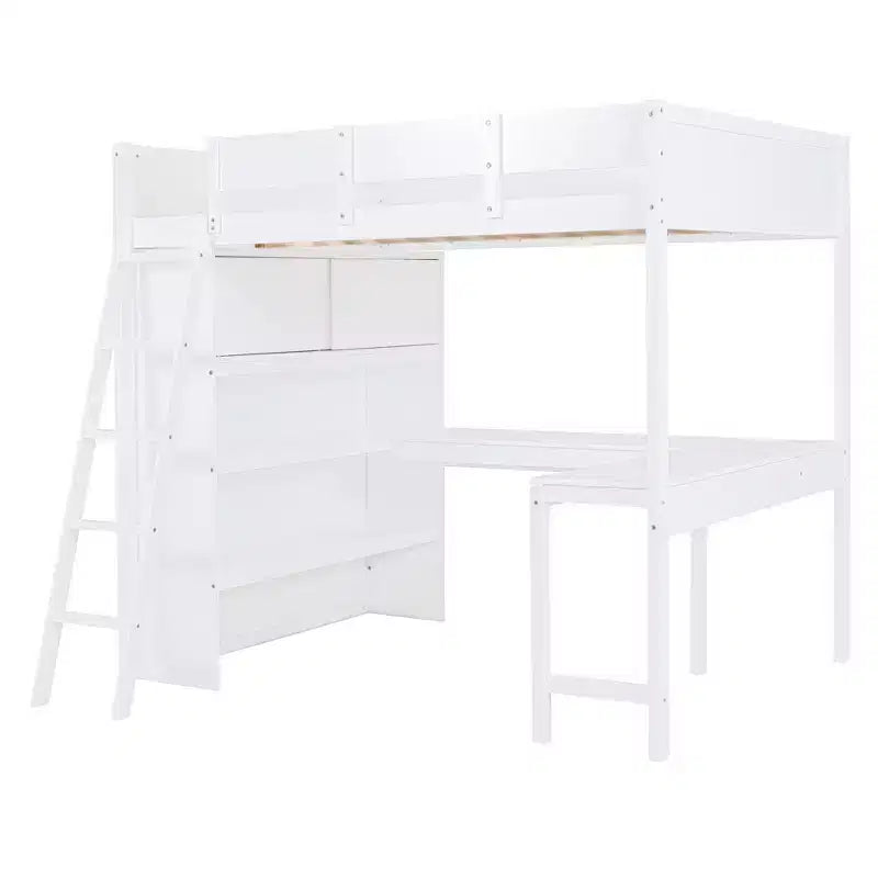 Letto a soppalco full-size con scrivania e mensole, Struttura letto a soppalco in legno con due cassetti integrati per camera da letto