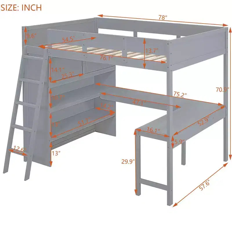 Letto a soppalco full-size con scrivania e mensole, Struttura letto a soppalco in legno con due cassetti integrati per camera da letto