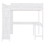 Letto a soppalco full-size con scrivania e mensole, Struttura letto a soppalco in legno con due cassetti integrati per camera da letto