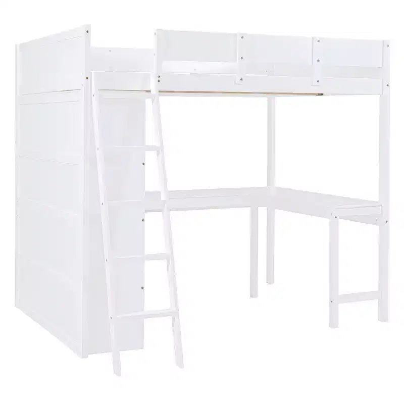 Letto a soppalco full-size con scrivania e mensole, Struttura letto a soppalco in legno con due cassetti integrati per camera da letto