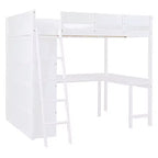 Letto a soppalco full-size con scrivania e mensole, Struttura letto a soppalco in legno con due cassetti integrati per camera da letto