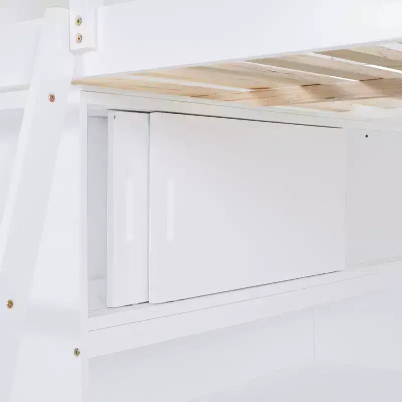 Letto a soppalco full-size con scrivania e mensole, Struttura letto a soppalco in legno con due cassetti integrati per camera da letto