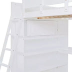 Letto a soppalco full-size con scrivania e mensole, Struttura letto a soppalco in legno con due cassetti integrati per camera da letto