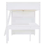 Letto a soppalco full-size con scrivania e mensole, Struttura letto a soppalco in legno con due cassetti integrati per camera da letto