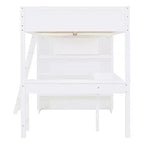 Letto a soppalco full-size con scrivania e mensole, Struttura letto a soppalco in legno con due cassetti integrati per camera da letto