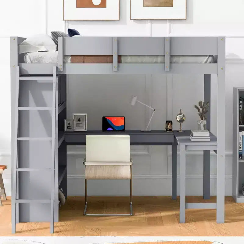 Letto a soppalco full-size con scrivania e mensole, Struttura letto a soppalco in legno con due cassetti integrati per camera da letto