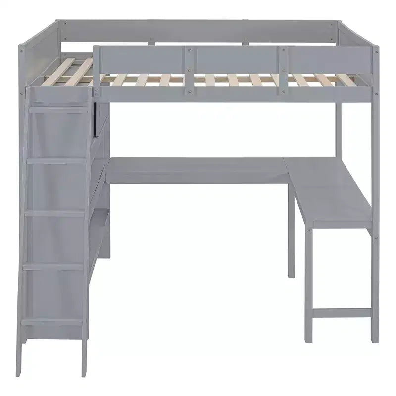 Letto a soppalco full-size con scrivania e mensole, Struttura letto a soppalco in legno con due cassetti integrati per camera da letto