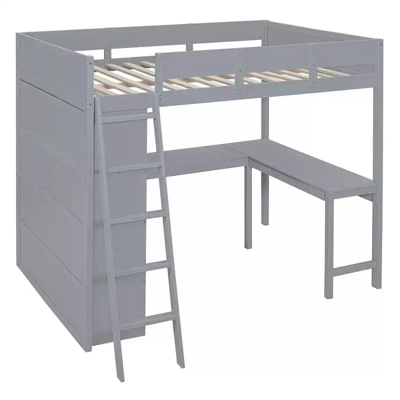 Letto a soppalco full-size con scrivania e mensole, Struttura letto a soppalco in legno con due cassetti integrati per camera da letto