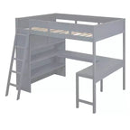 Letto a soppalco full-size con scrivania e mensole, Struttura letto a soppalco in legno con due cassetti integrati per camera da letto