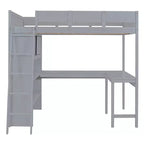 Letto a soppalco full-size con scrivania e mensole, Struttura letto a soppalco in legno con due cassetti integrati per camera da letto